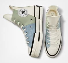 Style No. A04370C Color: Summit Sage/Egret High-top sneaker with material split upper made from canvas, twill, and poly-cotton denim. OrthoLite cushioning for all-day comfort. An asymmetrical, fused design and elongated tongue for standout style. A split rubber outsole distorts heritage Chuck Taylor design elements. A spliced Chuck Taylor ankle patch. Chuck 70 Plus Material Mashup Unisex High Top Shoes. Mens High Tops Converse, Sneakers Converse Lyst, High Top Shoes 2022 Tennis, Cheap High-top Blue Canvas Shoes, Affordable High-top Canvas Shoes, Cheap School High-top Sneakers, Cheap Trendy Mid-top Canvas Shoes, Cheap Converse Sneakers, Size 6 High Top Sneakers