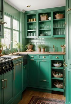 a kitchen with green cabinets and wooden floors