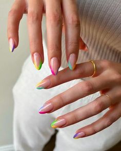 Colorful French Almond Nails, Bold French Tip Nails, Vibrant French Tip Nails, Coloured Tips Nails, Colorful Tip Nails, Gel Nails Colorful, Colourful French Tip Nails, Fun French Tips, Colorful French Nails