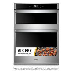 two ovens with the words air fryer connected on them, and an image of food