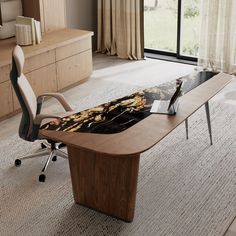 an office desk with a marble top in front of a large window