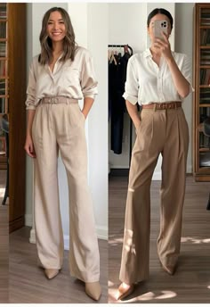 Tan Satin Shirt Outfit, Long Sleeve Professional Outfits, Ivory Satin Shirt Outfit, Champagne Outfit Casual, Long Shirt Work Outfit, Cream Silk Button Down Outfit, Satin Blouse Casual Outfit, Champagne Satin Pants Outfit, Satin Shirt Office Outfit