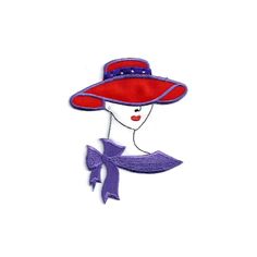 a woman wearing a red hat with a purple ribbon around her neck and a bow on the side