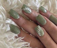 40 Olive Green Nails That Are All The Hype Right Now! - The Catalog Gel Nail Green Colors, Nail Art Designs Sage Green, Safe Green Acrylic Nails, Green Fingernail Designs, Sage Gel Nail Designs, Nails For Eucalyptus Dress, Tip Nail Designs French, Sage Green Short Nails Design, Sage Green Nails With Leaf Design