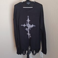 Dollskill Widow L/Xl Black Long-Sleeved Oversized Distressed Sweater Cross With Roses Heavy Dropped Shoulders Cross With Roses, Distressed Sweater, Oversize Sleeves, Billabong Women, Floral Sweater, Floral Knit, Cable Sweater, Black White Fashion, Oversized Sweater