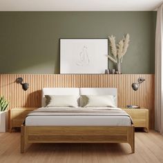 a bed sitting in a bedroom next to a wooden dresser and plant on top of a hard wood floor