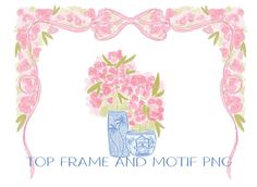 the top frame and motif png has pink flowers in a blue vase on it