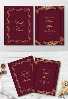 the wedding card is shown in red with gold trimmings and an elegant design