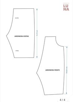 the front and back view of a sewing pattern, with measurements for the top section