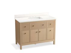 an image of a bathroom vanity with white counter top and beige cabinetry on the side