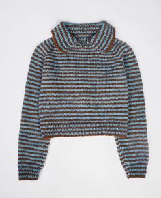 a blue and brown striped sweater on a white background with the hood pulled up to show it's long sleeves