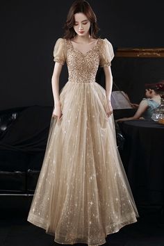 Golden Prom Dress, Prom Dress A Line, Debut Dresses, Gold Tulle, A Line Prom Dress, Prom Dress Evening, Golden Dress, A Line Evening Dress, A Line Prom Dresses