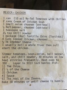 a menu listing the ingredients for mexican chicken