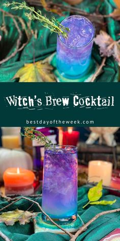 a blue and purple drink with the words witch's brew cocktail