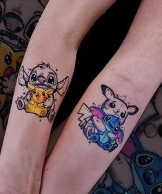 two people with matching tattoos on their legs, one has a pokemon and the other has a pikachu