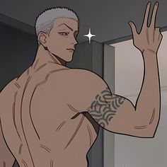 an animated image of a man with tattoos on his arms and chest, standing in front of a door