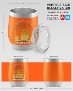 an orange tumbler with the words pop's ever on it and measurements for each cup