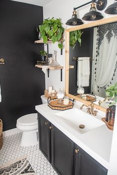 a black and white bathroom with plants on the shelf above the sink, toilet and mirror