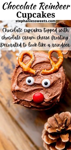 chocolate reindeer cupcakes with chocolate frosting and pretzels to make them look like a reindeer