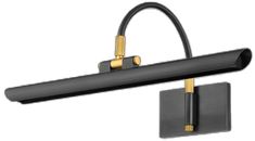 a black and gold wall light with two lights on each side, one in the shape of a tube