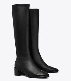 Cap-Toe Knee-High Boot: Women's Designer Boots | Tory Burch Luxury Knee-high Boots With Leather Lining For Work, Luxury Knee-high Boots With Buckle Closure And Round Toe, Luxury Knee-high Heeled Boots With Rubber Cap, Luxury Classic Knee-high Moto Boots, Tory Burch Tall Boots, Cap Toe Boots, Womens Designer Boots, Leather Cap, Footwear Design Women