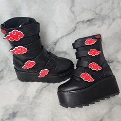 Yru Karma Akatsuki Naruto Shippuden Platform Boots Womens Size 8 New In Box. Black With Red Clouds 2 Inch Platform And 3 Inch Heel. Anime Yru Shoes, Red Cloud, 3 Inch Heels, Black Platform, Platform Boots, Shoes Heels Boots, Heeled Boots, Shoes Women Heels, Womens Boots