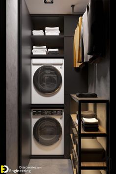 a washer and dryer in a small room with clothes hanging on the rack