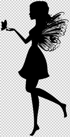 the silhouette of a fairy holding a flower in her hand, with a butterfly on it