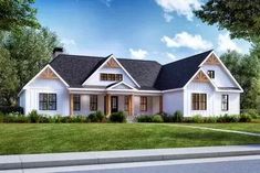 this is an artist's rendering of a house in the country style with white siding and black shingles