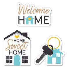 two stickers with the words welcome home, and a house shaped keychain