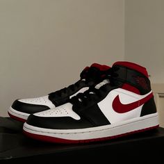 Deadstock Jordan 1s, Black, Red And White, Fits 8.5 Womens, 7 Mens Nike Red Nike Jordans Outfit, Red And White Fits, Jordan 1s Black, Black Nike High Tops, Jordan 1s Mid, Nike Jordan Outfit, Dance Fits, Black White Jordans