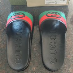 Awesome Brand New Slides For Summer ! Gucci Rubber Gg Interlock Black -Red- Green. Comes With Box And Dust Bags . Gucci Slides, Street Fashion Men Streetwear, Garment Bags, Shoes Brand, Walker Boots, Gucci Shoes, Mens Streetwear, Boot Sandals, Rain And Snow Boots