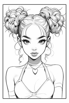 a drawing of a woman with curly hair in a top knoted buns and an open bra