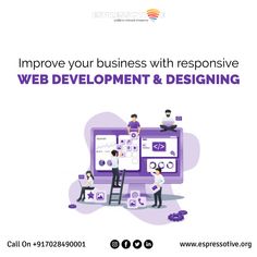 an advertisement for web development and designing with people working on a large screen in the background