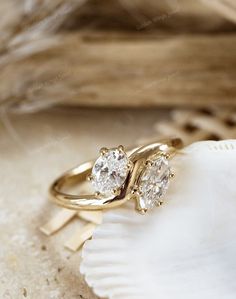 two diamond rings sitting on top of a shell