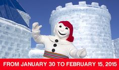 a snowman is standing in front of an ice castle with the words du 30 janvier au 15 fevrier 2015