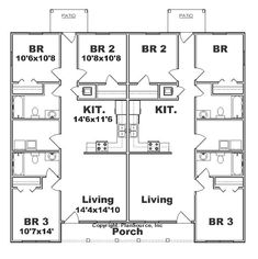 the floor plan for a three bedroom apartment with two bathrooms and one living room on each side