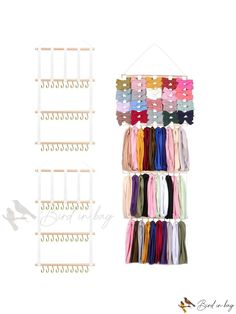 a rack with many different colored ribbons hanging from it's sides and an image of the