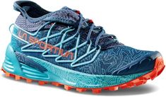 the women's hoka one shoe is blue with orange accents and an upper lace