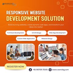 an orange website design with people working on computers