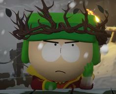 an animated character wearing a green hat with antlers on it's head in the snow