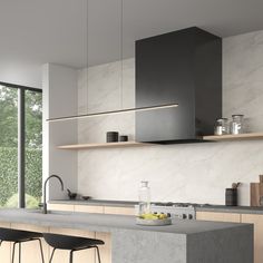 a modern kitchen with marble counter tops and bar stools