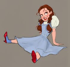 a drawing of a woman in a blue dress and red shoes with her legs spread out