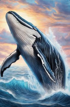 a painting of a humpback whale jumping out of the water