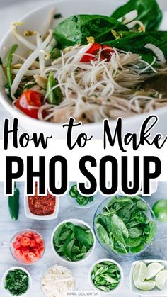 vietnamese pho soup with noodles, spinach and tomatoes in bowls on a table