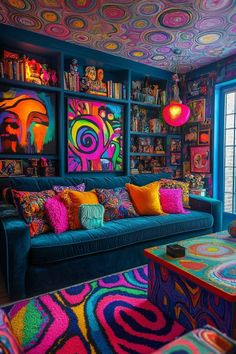 a living room filled with lots of colorful furniture