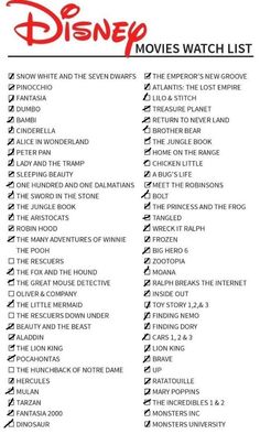 the disney movies watch list is shown in black and white with red lettering on it