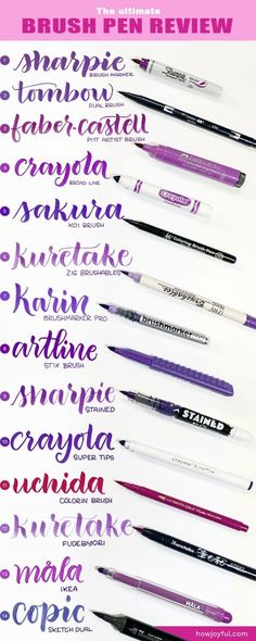 different types of pens lined up on top of each other with the words brush pen review