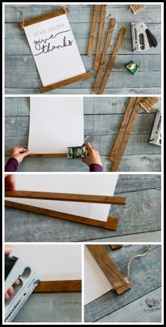 the steps to make a diy wooden frame with wood dows and glue on it