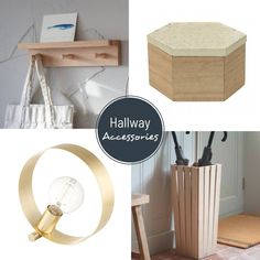 there are four different items in this collage including a lamp, door handle and other things